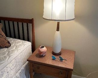 MCM ceramic lamp and pottery; nightstand with drawer, and queen/full MCM headboard (black and walnut) 