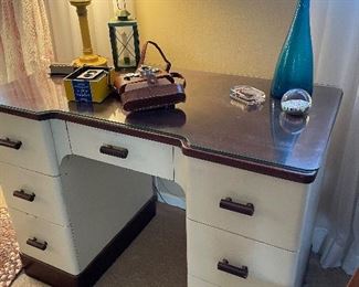 MCM desk with 6 drawers and glass (protective top , Vintage glassware and cameras