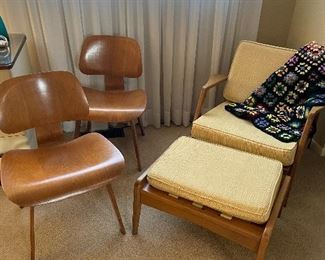 MCM wood side chairs - (2), MCM wood armchair and ottoman with upholstered cushions 