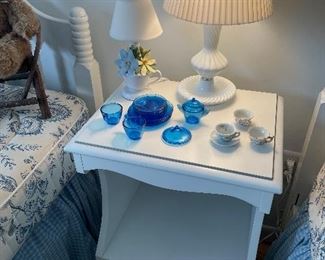 Nightstand with protective glass top; lamps; and children's play tea sets