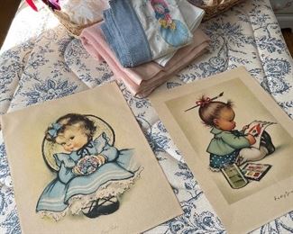 Vintage hand-colored prints, vintage dolls clothes, and children's quilt and blanket