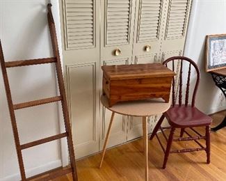 bunkbed ladder, side table, wood box and children's chair