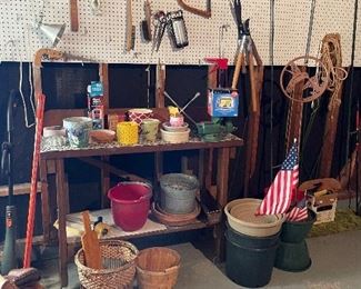 Work bench with vice, tools and planter pots