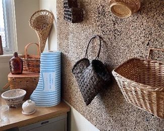 Vintage picnic basket, hanging baskets, wrapping paper and 2 drawer file cabinet (set of 2 available)