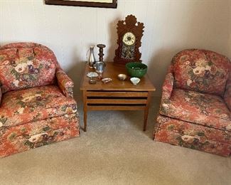 Set of upholstered club chairs; MCM side table with one large center drawer; mantle clock; pewter, porcelain and pottery - small dishes and vases
