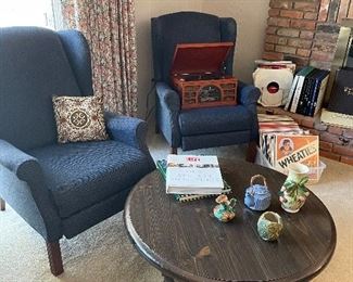 upholstered recliners - excellend condition - 2; round coffee table; pottery, LPS and turntable