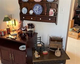 Plate rack, media cabinet, and solid wood side table; circa late 1800's children's doll chair (with origin note) and other primitive items; pottery and stoneware