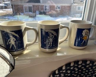 Vintage Morton Salt coffee cups with metal cup rack