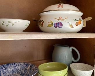 Covered dish, ceramic pitcher, and misc. bowls