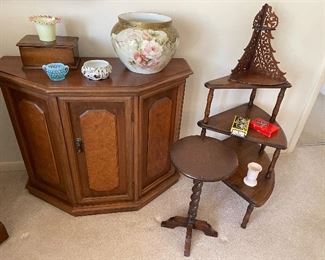 console cabinet; 3-tier table; and small drink table; vintage pottery and glassware