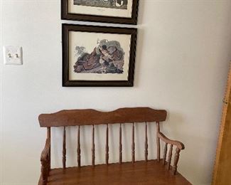 Bench and framed mallard duck prints