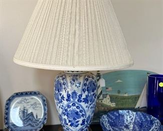 Blue & White Lamp, Bowl, Plate