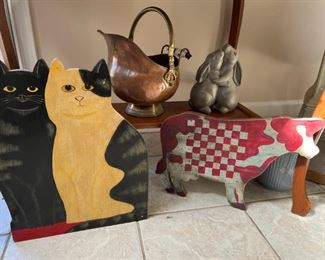 Copper Bucket, Bunnies, Wooden Cats, Cow,