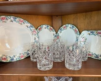 Royal Doulton “Floradora Green” Platters, Waterford Glasses