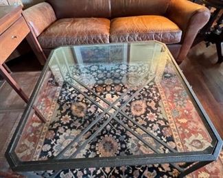 Leather Sofa Sleeper, Glass & Metal Coffee Table, Rug