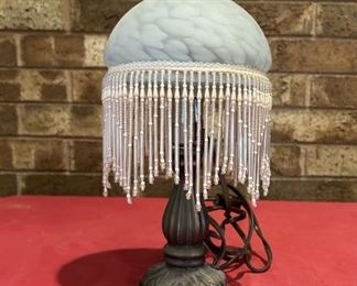 Heavy Metal Boudoir Lamp with Beaded Shade