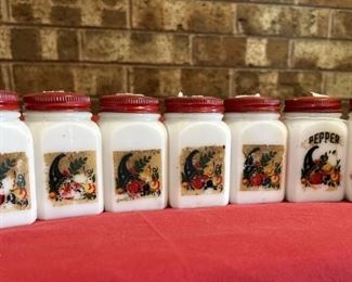 (7) White Milk Glass Spice Jars w/ Red Tin Lids