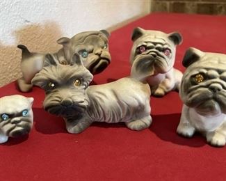 Vtg. Roselane Pottery Dog Figurines w/ Jewel Eyes