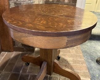 Vintage Oak Pedestal Table on Casters