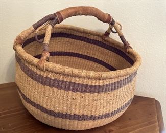 Vintage Woven Market Basket w/ Leather Handle