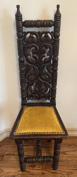 Spanish Jacobean Carved High Back Narrow Chair