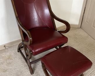 Burgandy Leather Chair & Ottoman Set w/ Brad Trim