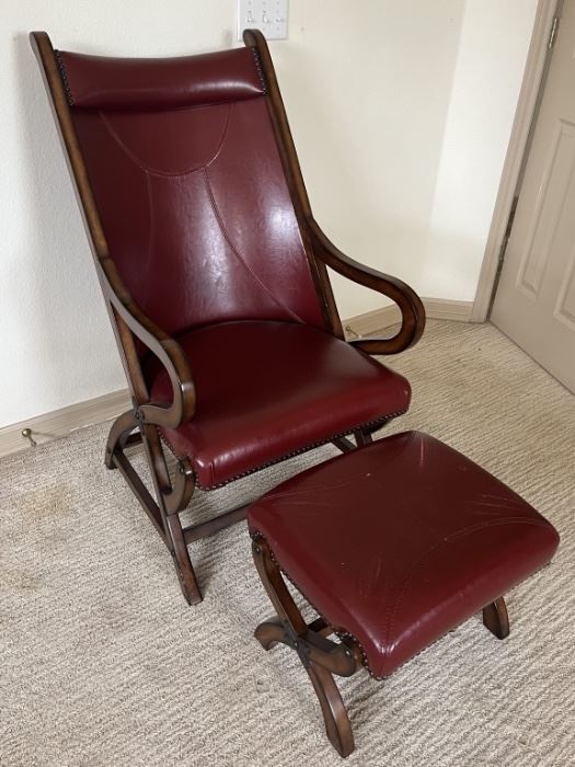 Burgandy Leather Chair & Ottoman Set w/ Brad Trim