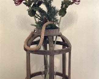 Wooden Candle Lantern w/ Rope Handle & Faux Flower