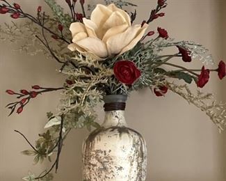 Painted Glass Bottle Vase w/ Faux Flowers