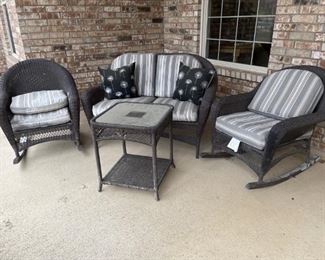 (4) Brown Faux Wicker Patio Set: 2- Rockers, +
Loveseat & Table
Cushions as pictured