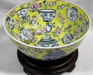 1 - Oriental decorative bowl on wood stand 5 x 12