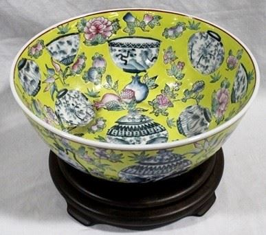 1 - Oriental decorative bowl on wood stand 5 x 12
