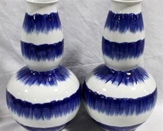 3 - Pair blue & white 15.5" tall gourd vases
