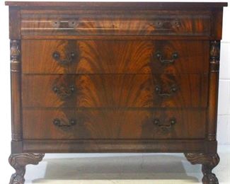 2xx - Empire Flaming Mahogany Chest Heavily Carved Ball & Claw Feet - missing top 2 handles Top has scratch & mars on finish 33 1/2 x 38 x 17 1/2
