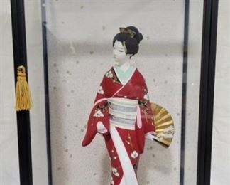 22x - Vintage Japanese Hakata Doll : Red Geisha In Glass Display case 21 x 13 x 10 Doll is 14" tall

