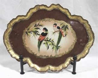 26 - Large exotic bird serving platter with stand 17 x 13 porcelain
