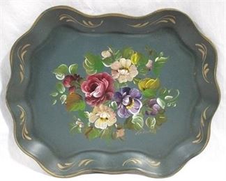 42 - Metal tole ware floral painted tray - 18 x 14
