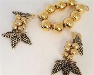 51c - Anne Klein goldtone bead bracelet & grape clip ons
