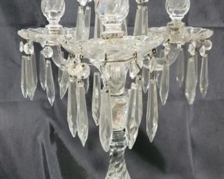 104 - Vintage 19.5" Fostoria Colony 4 lite centerpiece screw in candle cups, bobeches, prisms, tall base
