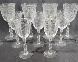 105 - 11 Pc Fostoria Navarre etched stemware 6" claret (2), 7.25" wine (5), 7" water goblet (4)
