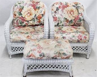 144 - Lovely wicker pair of chairs with ottoman chairs 35 x 30 x 29 ottoman 18 x 17.5 x 28
