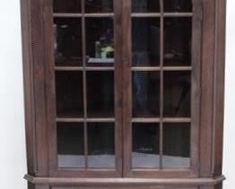 170 - Vintage mahogany inlaid corner cabinet broken arch pediment architectural arch doors as is - broken finial 90 x 39.5 x 21
