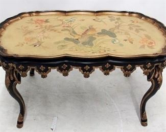 171 - French decorated scallop edge cocktail table gold accent 22.75 x 42 x 24
