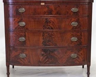 186 - Sheraton book matched mahogany bowed chest some veneer chips off 40 x 45 x 23
