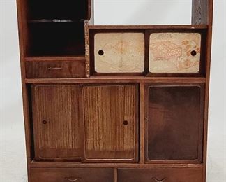 208 - Unusual wooden cabinet, sliding doors 35 x 29.5 x 11.5
