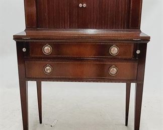 215 - Mahogany Hepplewhite ladies tambour desk tapered leg, intricate inlay porcelain & brass hardware 42 x 28 x 17
