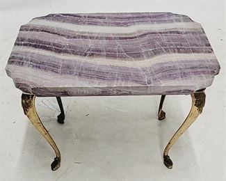 217 - Faux marble table, brass legs one leg is loose, screw stripped 18 x 24 x 16
