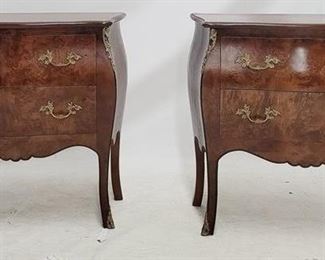 218 - Matching pair French 2 drawer commodes burled wood, brass ormolu, bombe shape 31 x 32.5 x 12.5
