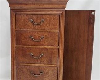 223 - Thomasville lingerie & jewelry chest lift top with interior mirror & jewelry tray, door on right side for hanging necklaces, 5 drawers, burled wood 52.5 x 26.5 x 19.5
