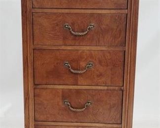 224 - Thomasville lingerie & jewelry chest lift top with interior mirror & jewelry tray, door on right side for hanging necklaces, 5 drawers, burled wood 52.5 x 26.5 x 19.5
